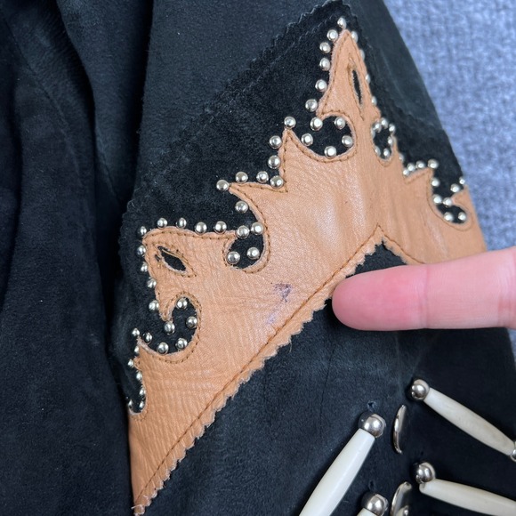 Leather Gallery Jacket Womens XL Black Suede Fringe Western Bone Studded Cowgirl - Picture 13 of 13